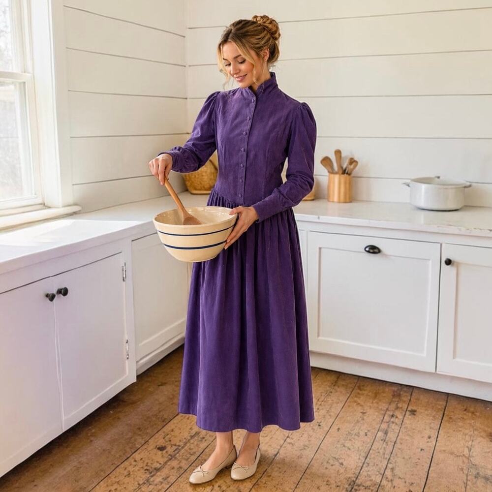 Laura Ashley Vintage 80s Deep Purple Corduroy Button Front Midi Dress Size 12 - Picture 16 of 16